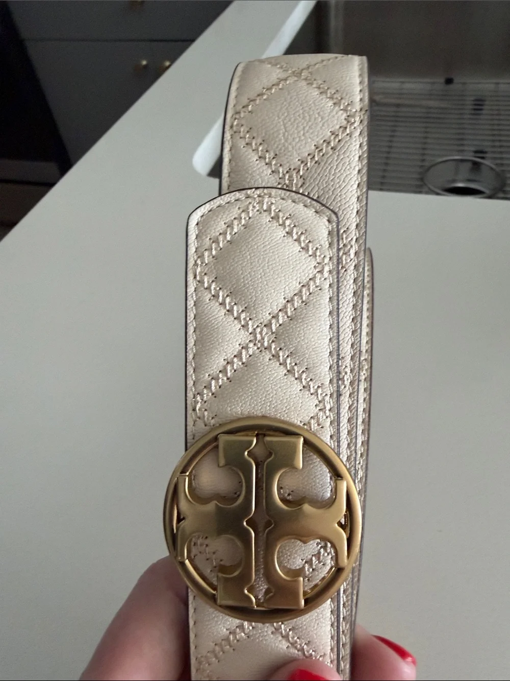 Tory Burch Cream Quilted Leather Belt with Gold Logo Buckle